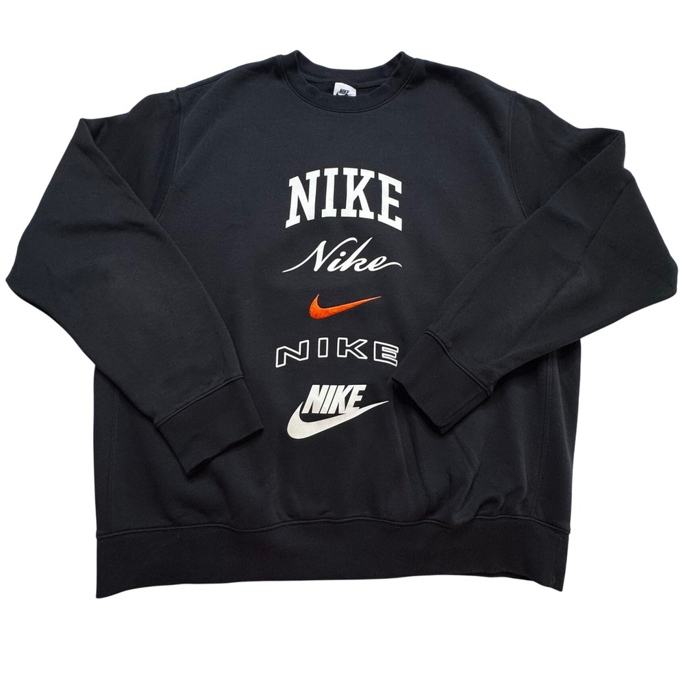 Nike Mens XL Club Fleece Black Multi Logo Crewneck Sweatshirt Retro Streetwear
